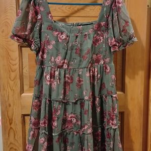 Green and pink floral mini dress